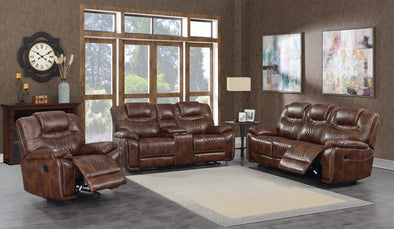 brown power recliner in a beige, sunny living room