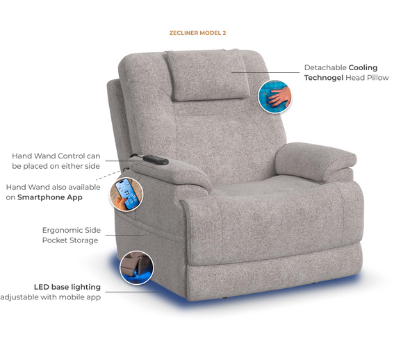 Zecliner Model 2+ Umber Fabric Power Lift Recliner with Power Headrest, Lumbar, Heat & Massage